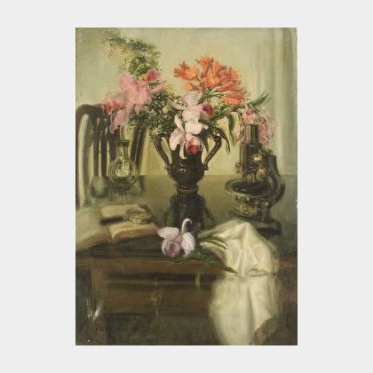 Blanche (Mrs. Oakes) Ames (American, 20th Century) Table Top Still Life with Flowers, Microscope and Book