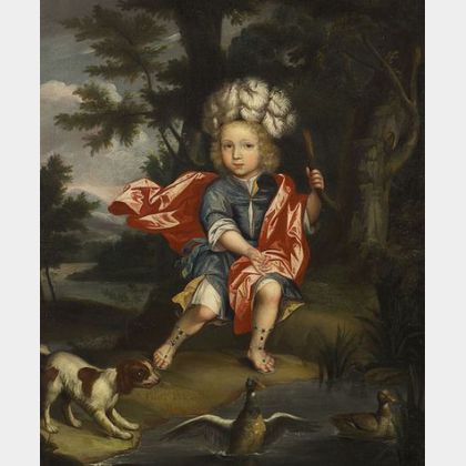 Attributed to R. Dellow (British, 18th Century) Portrait of a Sir Thomas Pope-Blount Baronet with a Spaniel at a Pond's Edge.