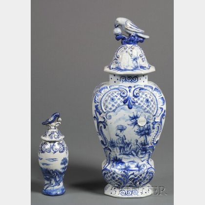 Two Dutch Delft Blue and White Vases and Covers