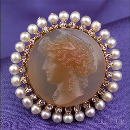 Antique 14kt Gold, Hardstone Cameo, Seed Pearl, and Diamond Brooch