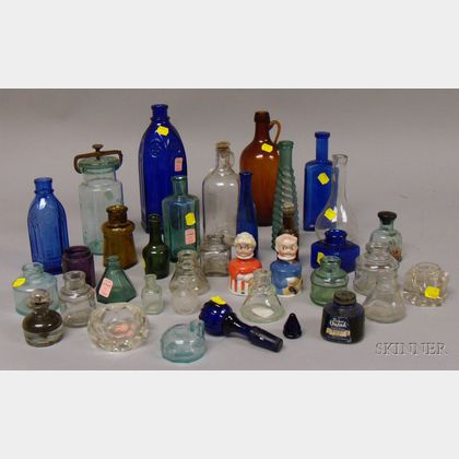 Collection of Glass and Porcelain Ink Bottles and Fourteen Assorted Colored and Colorless Glass Bottles and Items