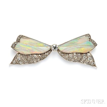 Art Deco Platinum, Opal, and Diamond Bow Brooch