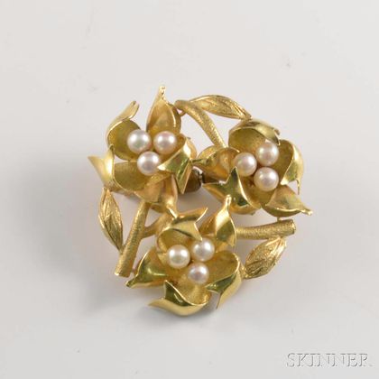 18kt Gold and Pearl Floral Brooch