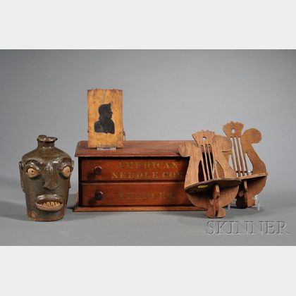 Five Assorted Items: Pair of Small Shelves, Face Jug, Silhouette, and Sewing Box