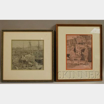 American School, 20th Century Lot of Two Framed Pencil Drawings Signed "...HARLING" Artist Painting on a Wharf