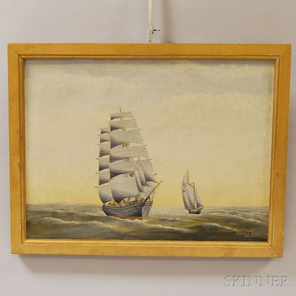 American School, Late 19th/Early 20th Century Ship and Schooner at Sea.