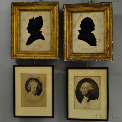 Pair of Framed Reverse-painted Silhouettes and a Pair of W. Elson & Co. Martha and George Washington Prints. Estimate $200-300