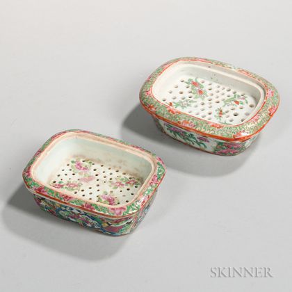 Two Famille Rose Export Porcelain Soap Dishes with Inserts