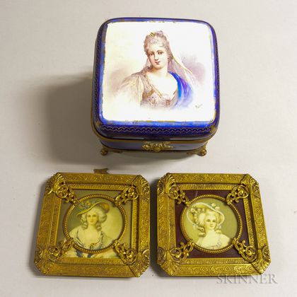 Two Framed Portrait Miniature Photo-reproductions and a Ceramic Box. Estimate $20-200