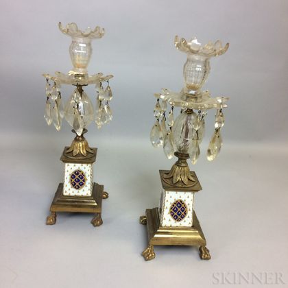 Pair of Gilt Cast Brass, Colorless Glass, and Porcelain Candlesticks