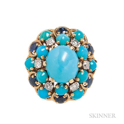 18kt Gold, Turquoise, Sapphire, and Diamond Ring