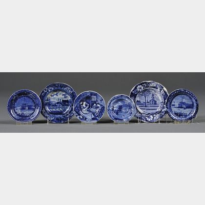 Six Blue Transfer-decorated Staffordshire Pottery Cup Plates