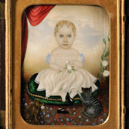 Attributed to Clarissa (Peters) Russell (Massachusetts, 1809-1854) Portrait Miniature of Little Girl with Her Cat and Dog.