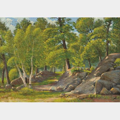 Cyrus Edwin Dallin (American, 1861-1944) Rocks and Birch Trees in Sunlight