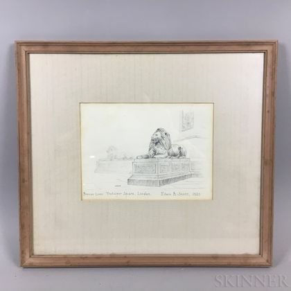 Framed Edwin B. Sears (American, 20th Century) Pencil Sketch of Bronze Lions in Trafalgar Square
