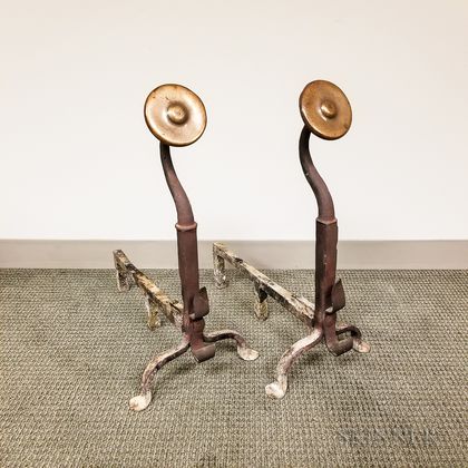 Pair of Arts and Crafts Bronze and Wrought Iron Andirons