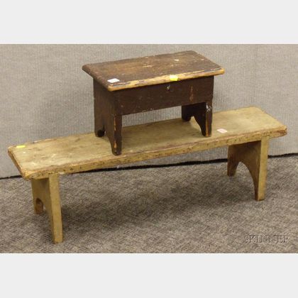 Mustard-painted Wooden Footstool and a Painted Wooden Cricket with Hinged Top
