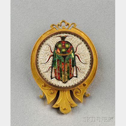 Antique Micromosaic Beetle Brooch