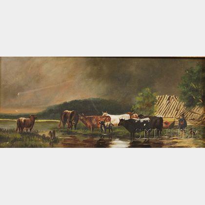 Lot of Four Works: American School, 19th/20th Century, Cows Watering