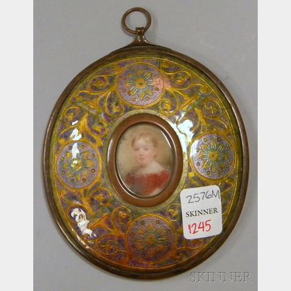 19th Century Oval Enamel-on-Copper Framed Miniature Hand-painted Portrait of a Child on Ivory