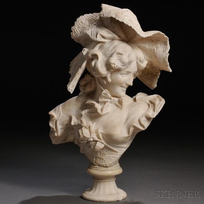 Continental School, Late 19th Century Alabaster Bust of a Woman with a Large Hat