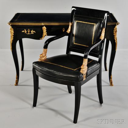 Louis XV-style Ebonized and Ormolu-mounted Table á Ecrire and an Empire-style Fauteuil