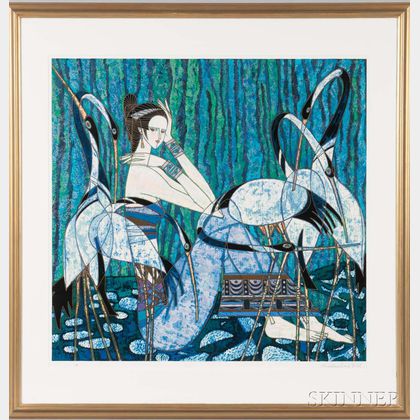 Framed Ting Shao Kuang (Chinese, b. 1939) Lithograph of a Woman and Cranes, 1984