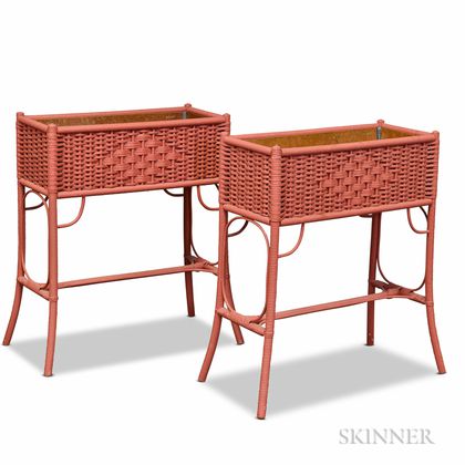 Pair of Red-painted Wicker Plant Stands