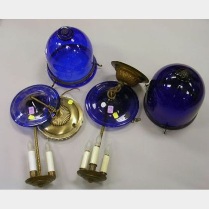 Near Pair of Cobalt Blown Glass Hanging Lamp Shades