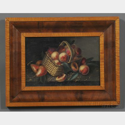 American School, 19th Century Still Life of Peaches in a Basket and Pears on a Table.