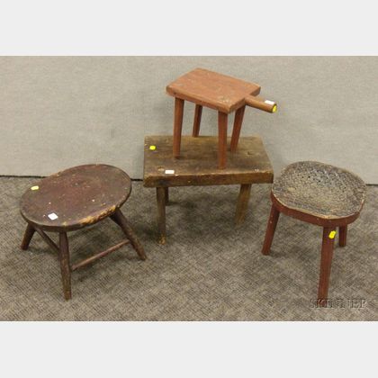 Four Mostly Red-painted Wooden Footstools