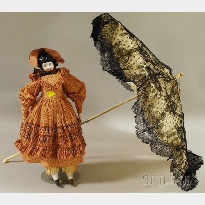 German China Head Doll and a Child's Parasol