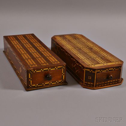 Two Similarly Inlaid Cribbage Box/Boards with Drawers