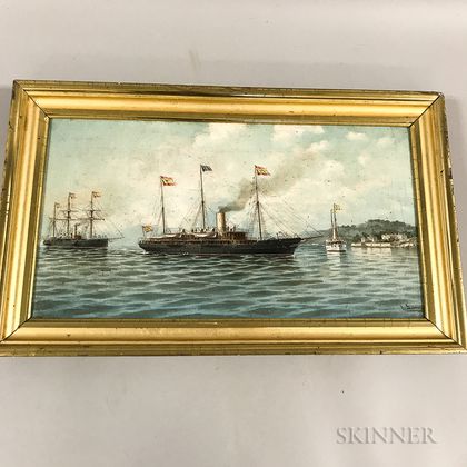 Spanish School, 19th Century Harbor Scene with Sailing Vessels