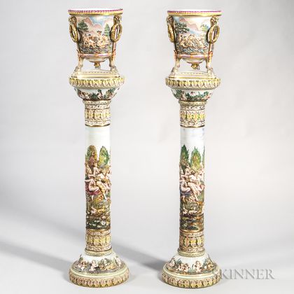 Pair of Capo di Monte-type Porcelain Jardinieres on Stands