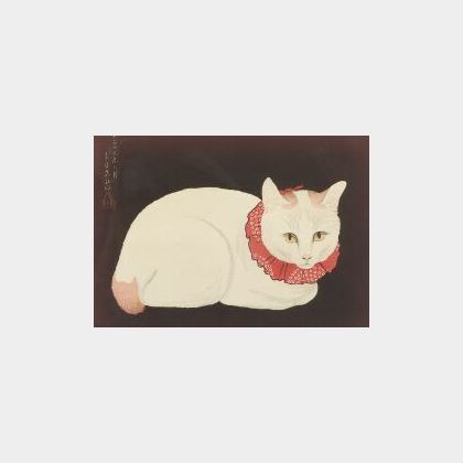 Japanese School, 20th Century Lot of Two Prints Including: White Cat with a Red Collar and Chasing the Yarn Ball