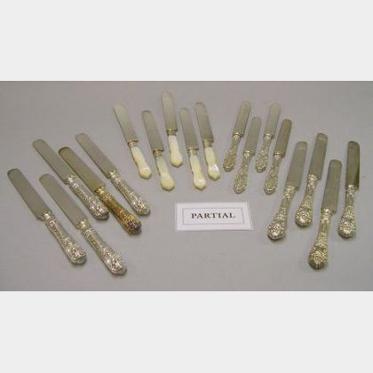 Four Sets of Late 19th Century Sterling, Plated Silver and Mother-of-pearl Handled Knives