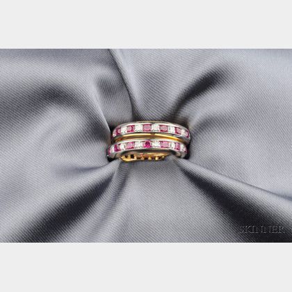 Pair of Platinum, 18kt Gold, Ruby, and Diamond Bands, Tiffany & Co.