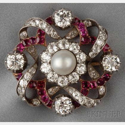 Antique Pearl, Ruby, and Diamond Brooch