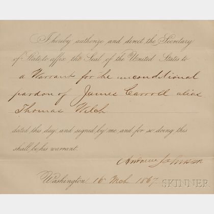 Johnson, Andrew (1808-1875) Pardon, Signed, 16 March 1867.