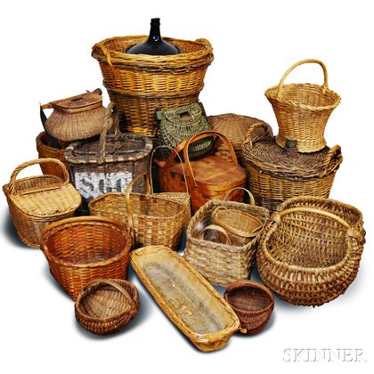 Large Group of Woven Splint and Wicker Baskets. Estimate $200-400