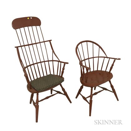 Two M. Dunbar Red-painted Windsor Chairs