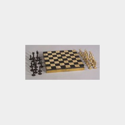 Small Painted Folding Game Box with Carved Wooden Chessmen