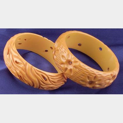 Two Bakelite Carved Pierced Butterscotch Bangles