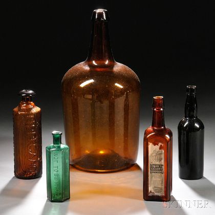 Six Assorted Blown, Blown-molded, and Molded Colored Glass Bottles