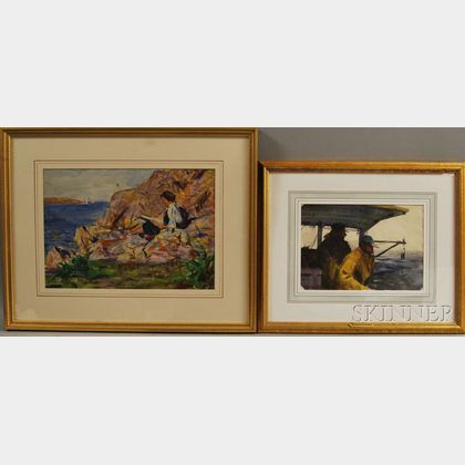 Two Framed Watercolors: Don Stone (American, b. 1929),Fishermen at Sea