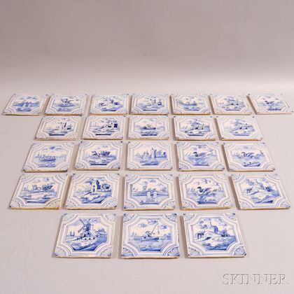 Twenty-five Blue and White Pictorial Delft Tiles. Estimate $400-600
