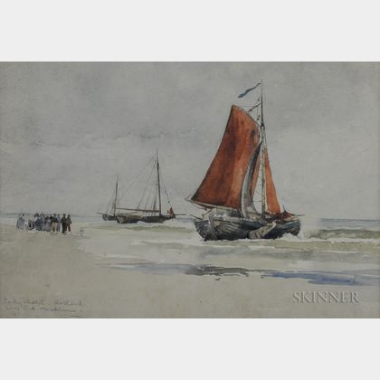 Charles Herbert Woodbury (American, 1864-1940) Fishing Vessels on the Beach, Holland