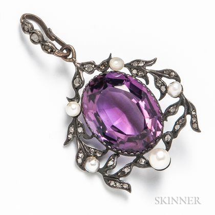 Antique Sterling Silver, Amethyst, Pearl, and Rose-cut Diamond Pendant