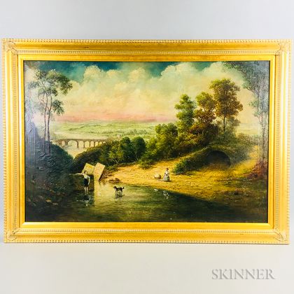 British School, 19th Century Style Riverside Scene with Figures and Dog